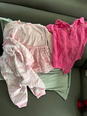 Gently used Pink Baby girl bundle-Lace onesie Dress, Zebra Footie & Polo onesie